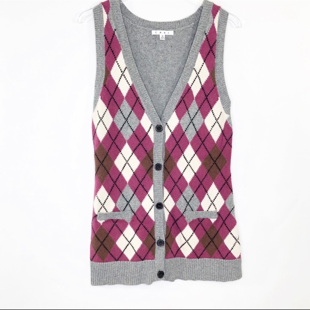 CAbi Book Club Argyle Vest Sweater #155.  Gray and Burgandy/Red.  Size S